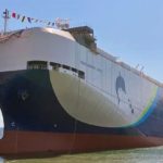 三菱造船、トヨフジ海運向けLNG燃料RORO船の命名・進水式開催