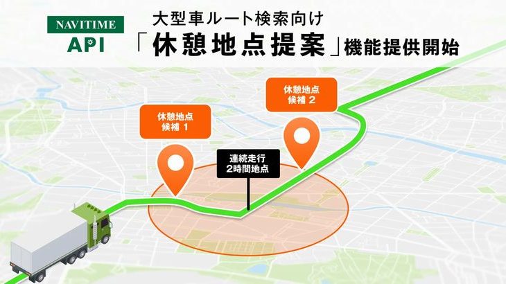 ナビタイム、法人向け地図サービスの大型車ルート検索で休憩地点提案機能を開始