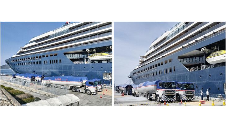 西部ガスが国内初、国際クルーズ客船に陸上のローリー車から直接LNG燃料を供給