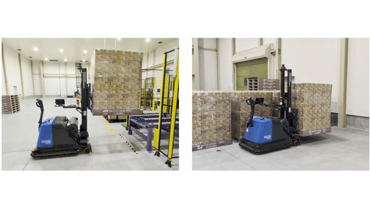 エバラ物流、ロボットパレタイザーと連携するハクオウロボの自動フォークリフト導入